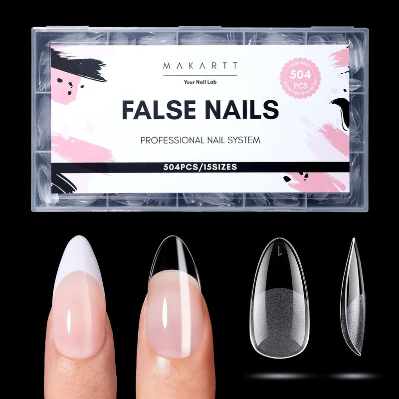 Makartt Almond Nail Tips - 504 PCS Pre-Etched Clear False Nails in 15 Sizes for Salon & DIY Use