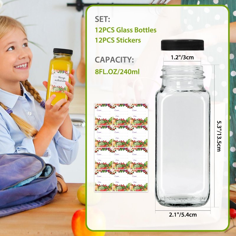 Alotpower 8 oz Glass Juice Bottles with Lids 12Pack, 240ml Square Reusable Drinking Bottles for Juicing, Water, Kombucha Juices, Milk, Beverages and More (8fl.oz, Set of 12)