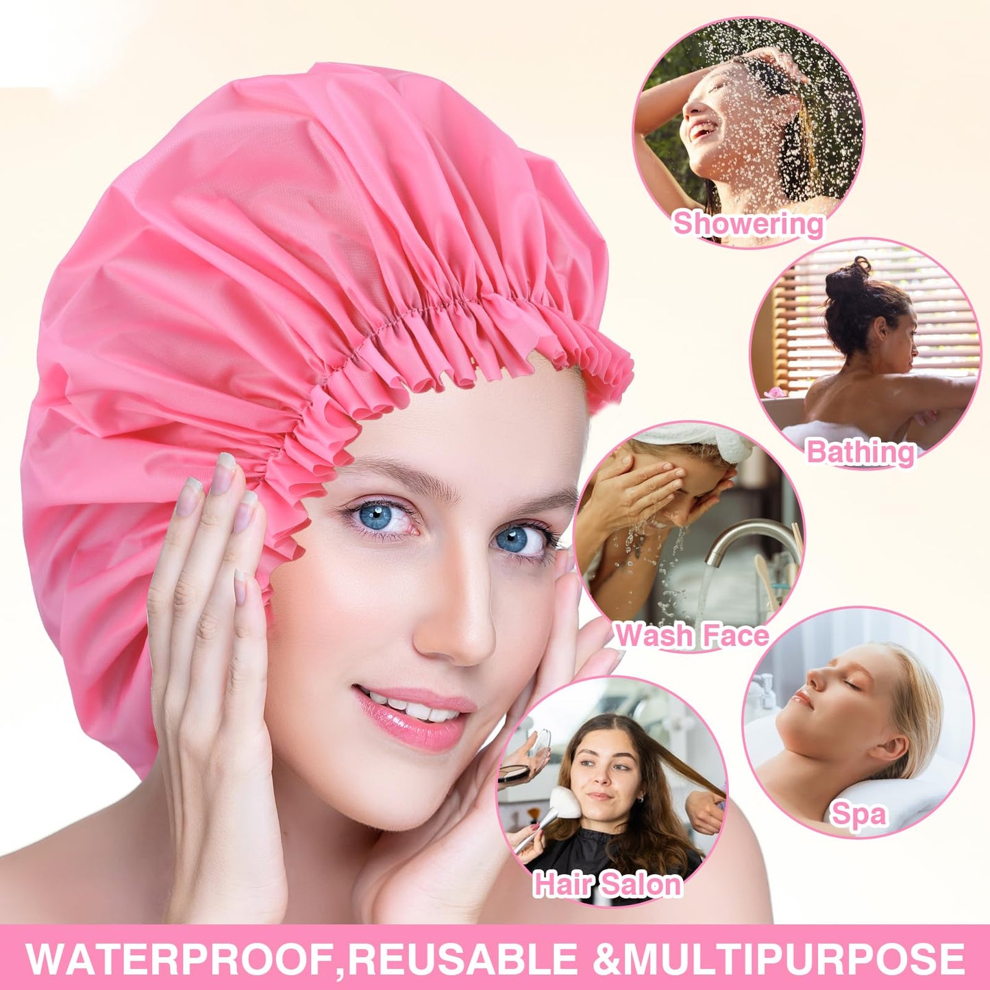 2 PCS Large Shower Cap for Braids - Waterproof Shower Cap for Women, Reusable XL Plastic Shower Caps Jumbo Bath Bonnet for Long Thick Curly Hair, Locs, Twist Braids (Black&Pink)