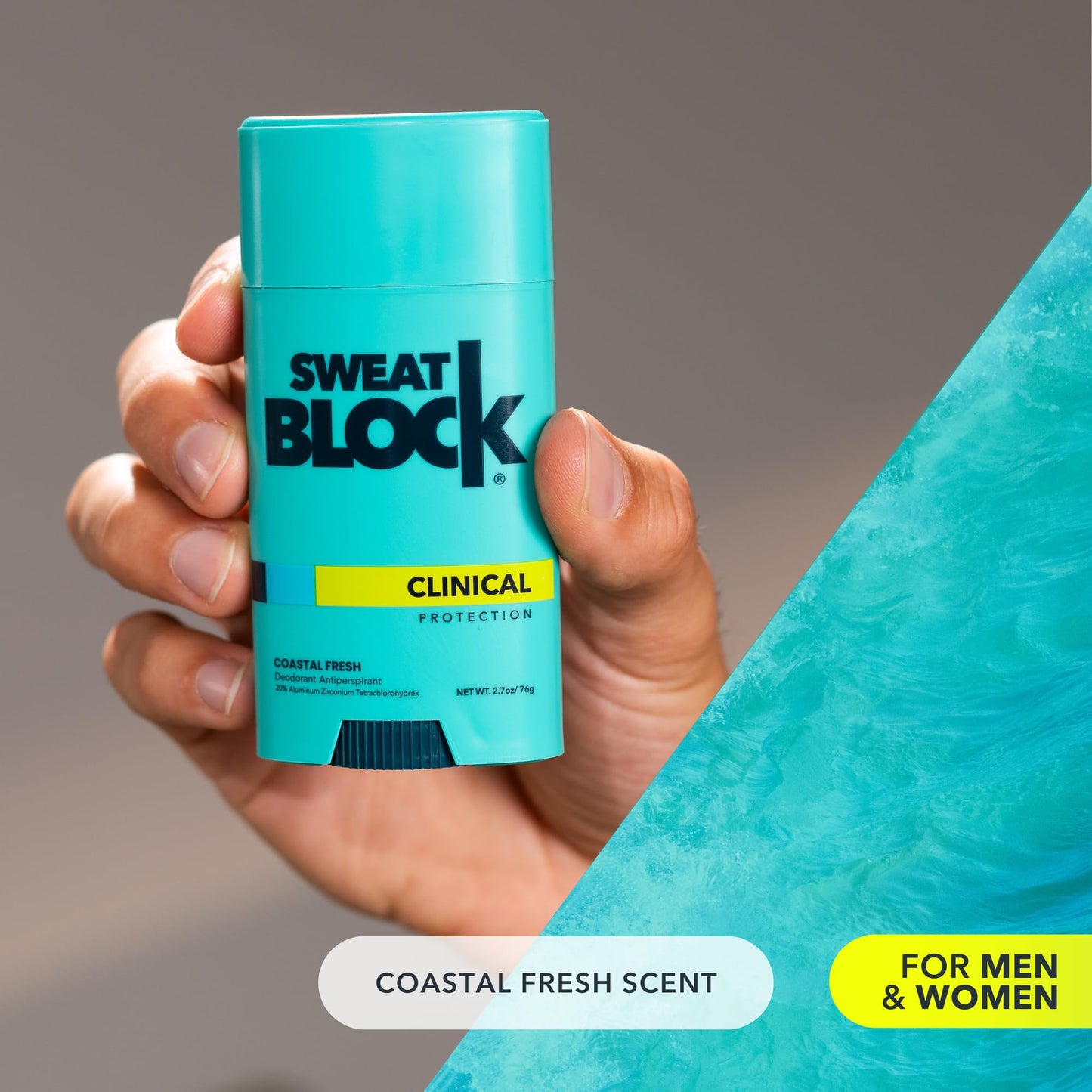 SweatBlock Deodorant Antiperspirant for Women & Men | 48 Hour High Degree Sweat & Odor Protection | Non Irritating Smooth Glide | Coastal Fresh Scent (1 Pack)