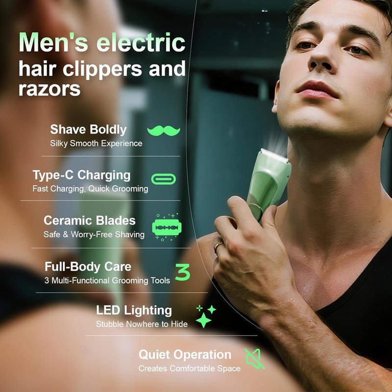 Body Hair Trimmer - Ceramic Blade, Wet & Dry Razor with 3 Guide Combs | LED Display, Travel Lock, Green