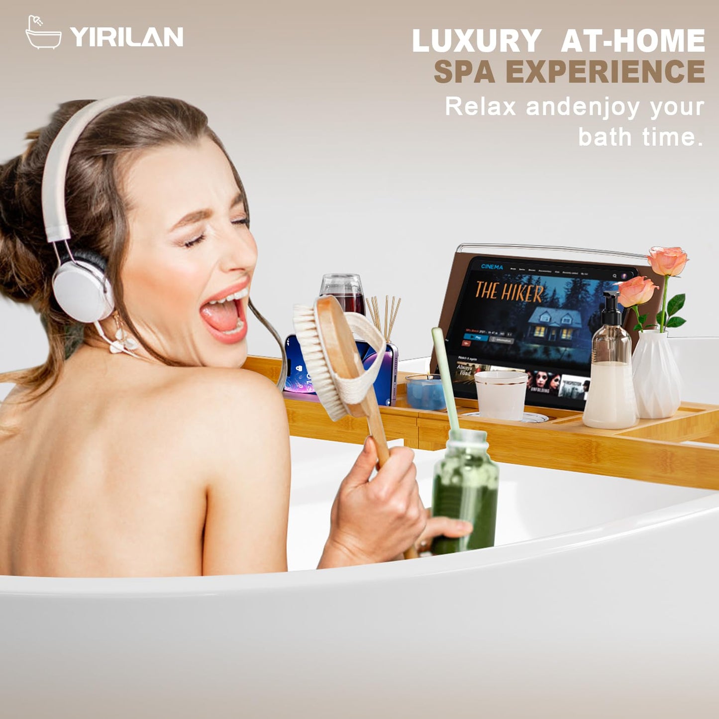 Yirilan Premium Bathtub Tray Caddy, Expandable Bath Tray, Unique House Warming Gifts,Bamboo-New
