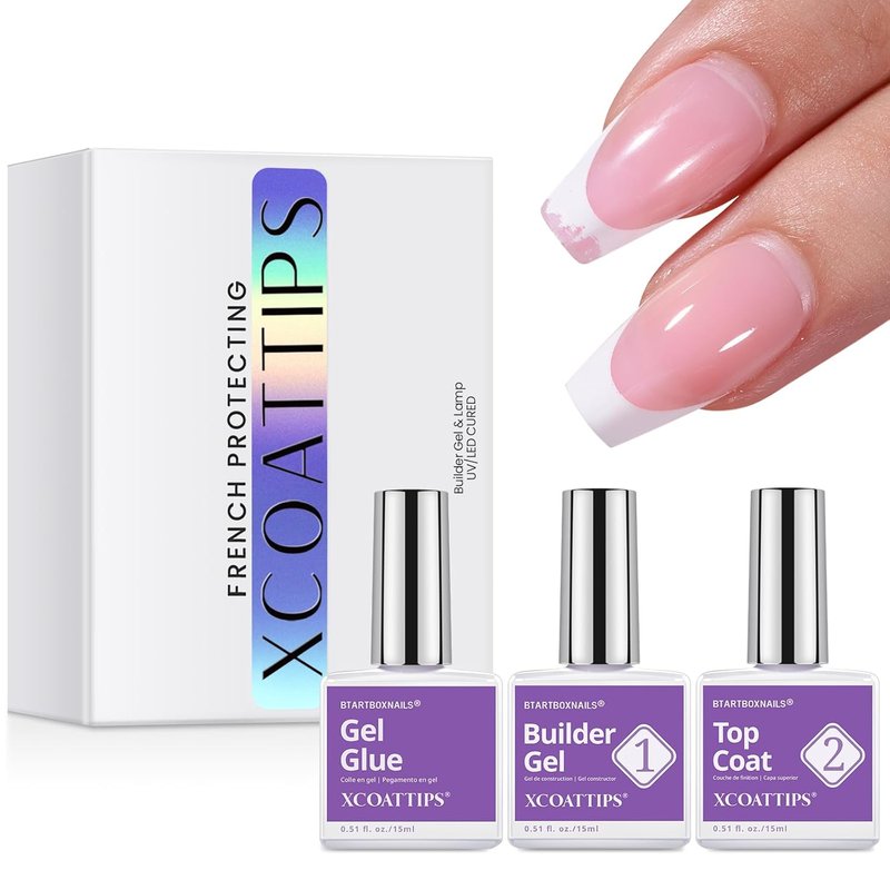 Btartboxnails Nail Tips Builder Gel Set - 15ml Long-Lasting Gel for French Tip Nails | Includes Top Coat & Glue