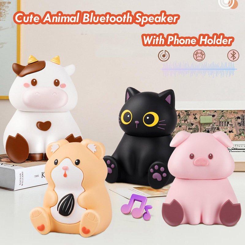 Portable Mini Cartoon Bluetooth Speaker with Phone Holder Mini Animal Cute Kids Wiressless Speaker Built-in Mic, Hands-Free Call for Home Trip Gift (Black-Cat)