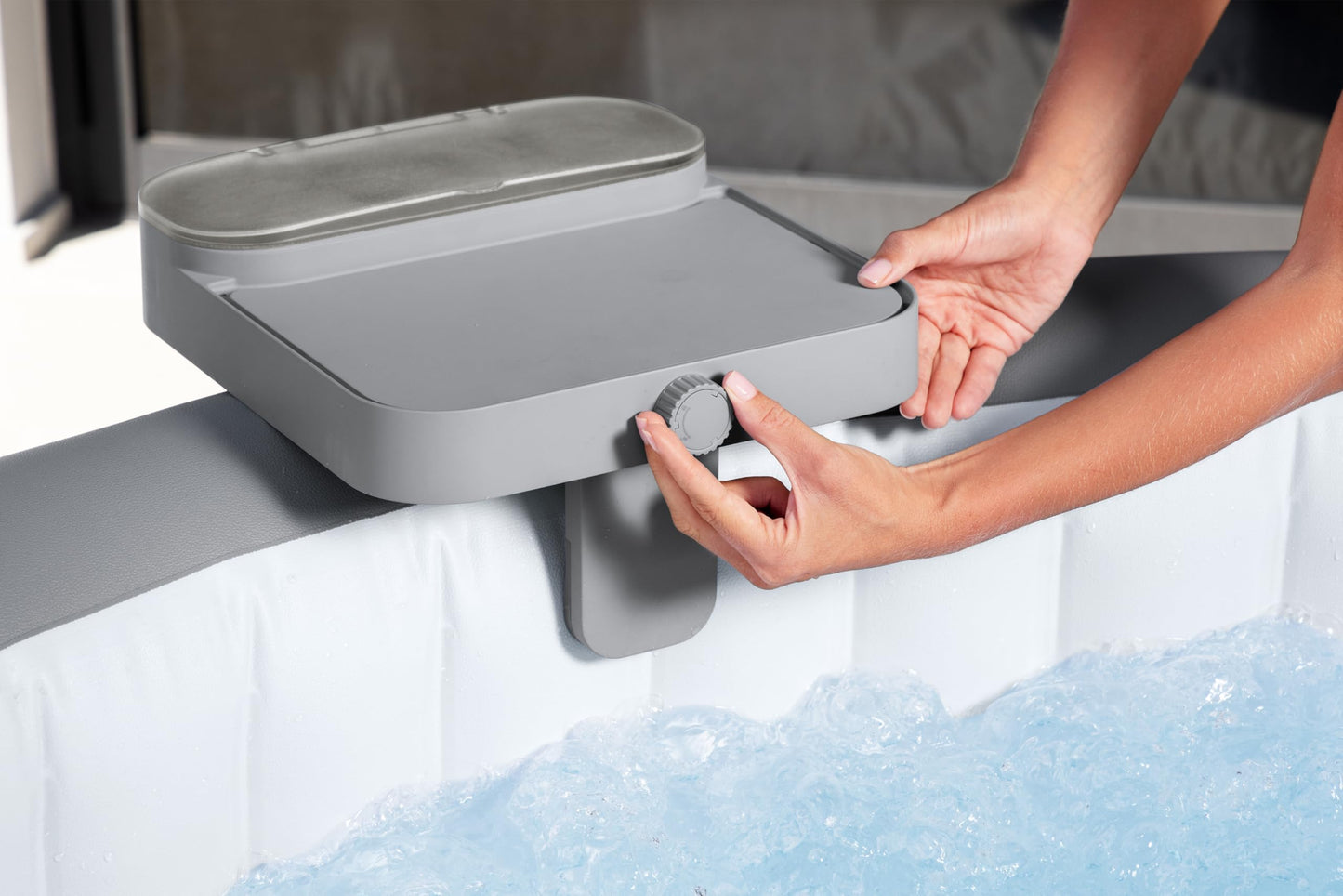 Bestway Lay-Z-Spa 4-in-1 Accessory Table for Hot Tubs, Side Tray for Tablet, Phone, Drinks and Snacks, Adjustable Universal Fit with Cup Holders, Grey