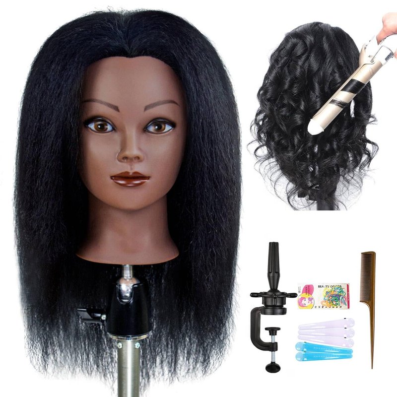ISHOT Mannequin Head With Hair,100% Real Human Hair,Hairdresser Training Head,Doll Head,Beauty School Hair Practice Head,Manikin Cosmetology Black