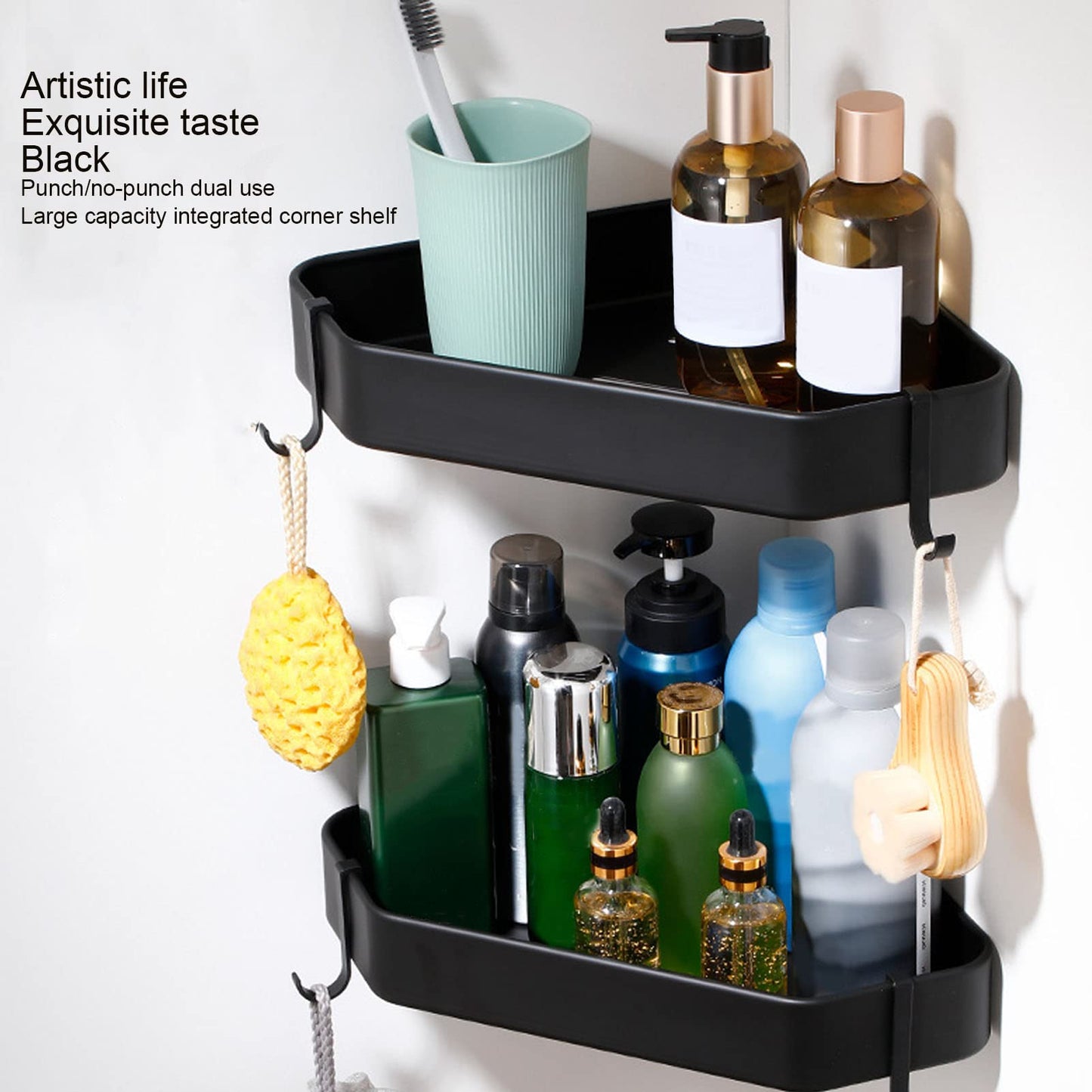 Topyond Shower Caddy, Aluminium Alloy Black Corner Shower Shelves, Durable Bathroom Organizer for Toilet Kitchen Dorm with 2 Hooks, Bath Decor