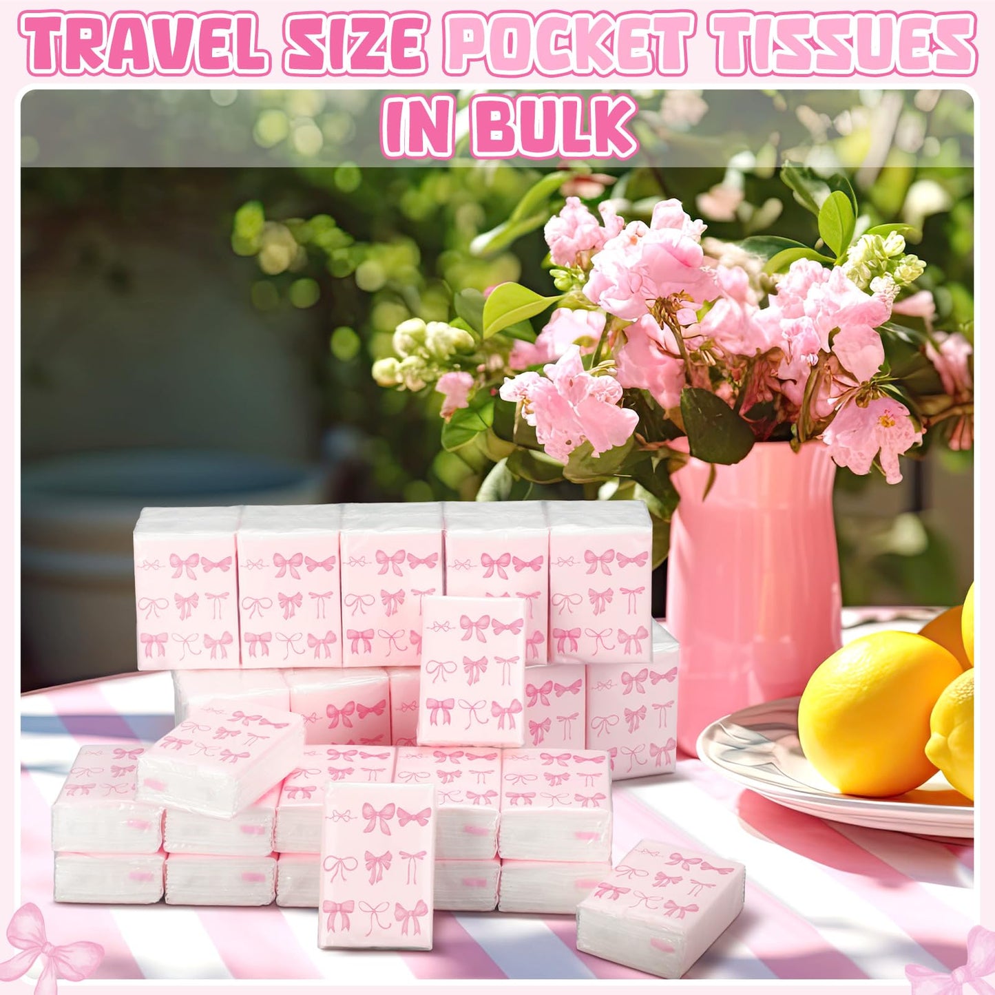 Therwen 20 Pack Pocket Tissues Travel Packs Bulk Weeding Party Favors Individual Small Tissue Packs Pocket Size Facial Hand Towels for Travel Outdoor Car Offices (Pink Bow)
