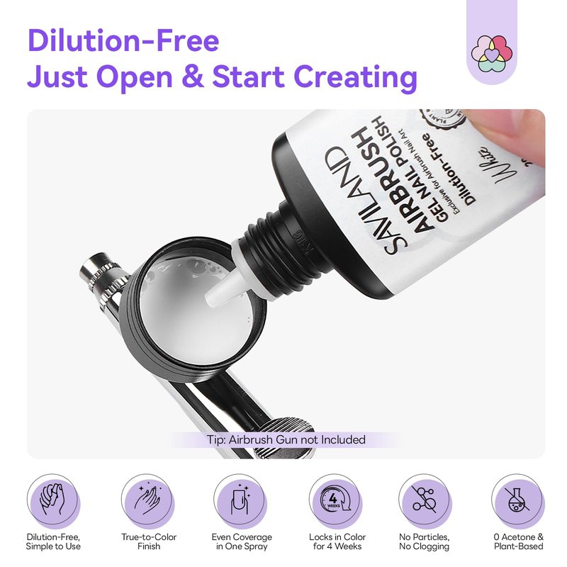 SAVILAND Dilution-Free Airbrush Gel Nail Polish Hema-Free: 20ml 0-Acetone 6PCS White Nail Polish for Airbrush Pure Formula No Clogging Gel Airbrush Paint for Nails Coverage for Ombre Nail Art Salon