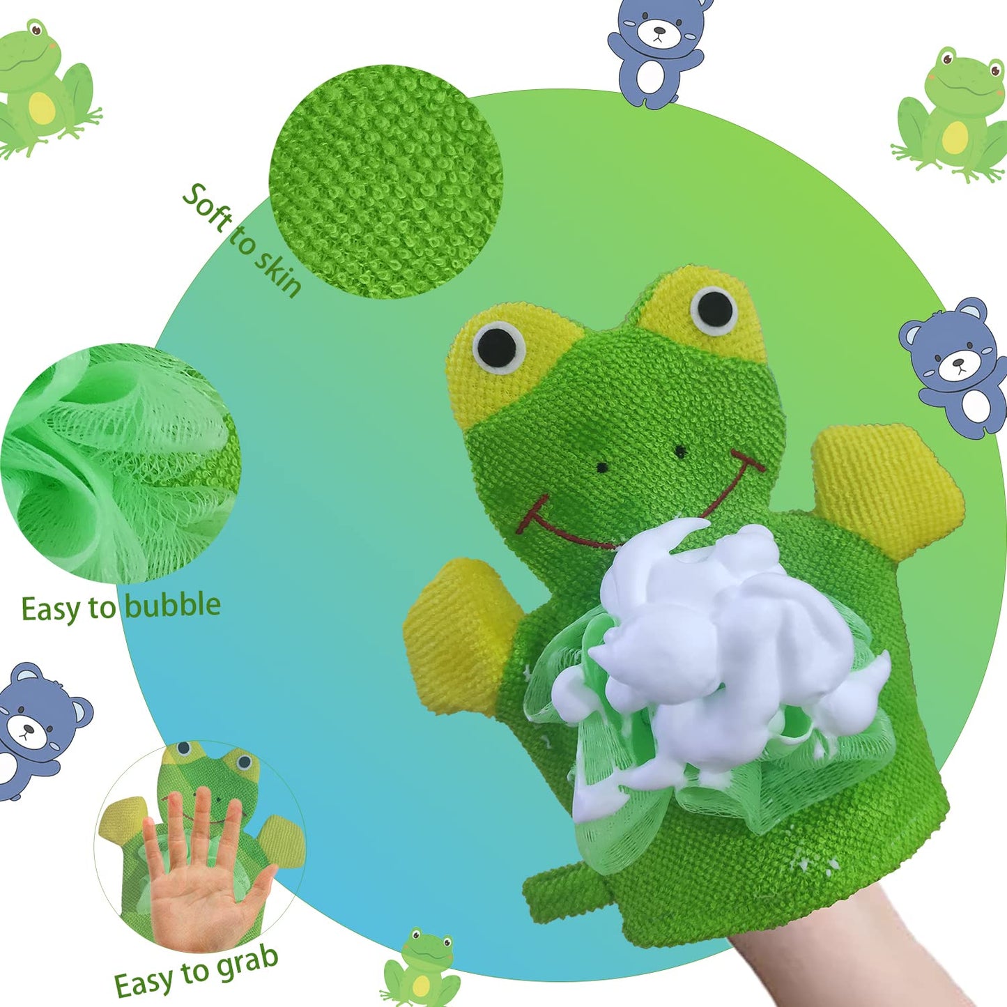 Kids Bath Gloves Loofah for Kids 2 Pack Glove Body Scrubber for Shower Animal Body Wash Gloves, Easy to Lather (Bear Frog)