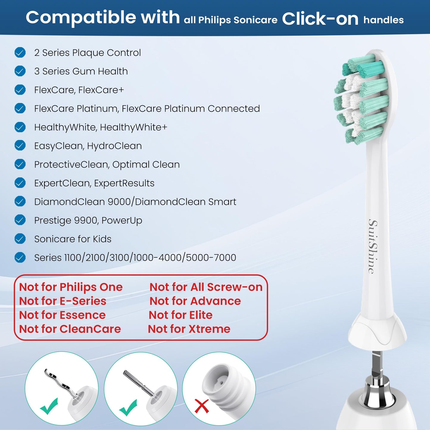 SuitShine Replacement Toothbrush Heads Compatible with Philips Sonicare and More Click-on Handles 8 Pack White