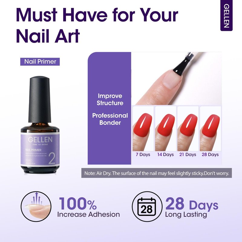 Gellen Nail Dehydrator and Primer Set, Hema-free Nail Prep Dehydrator & Acid-free Bond Primer for Long-lasting Adhesion Nails Lacquer Gel Polish Acrylic Powder Press-ons 3s Air Dry Nails Art Essential