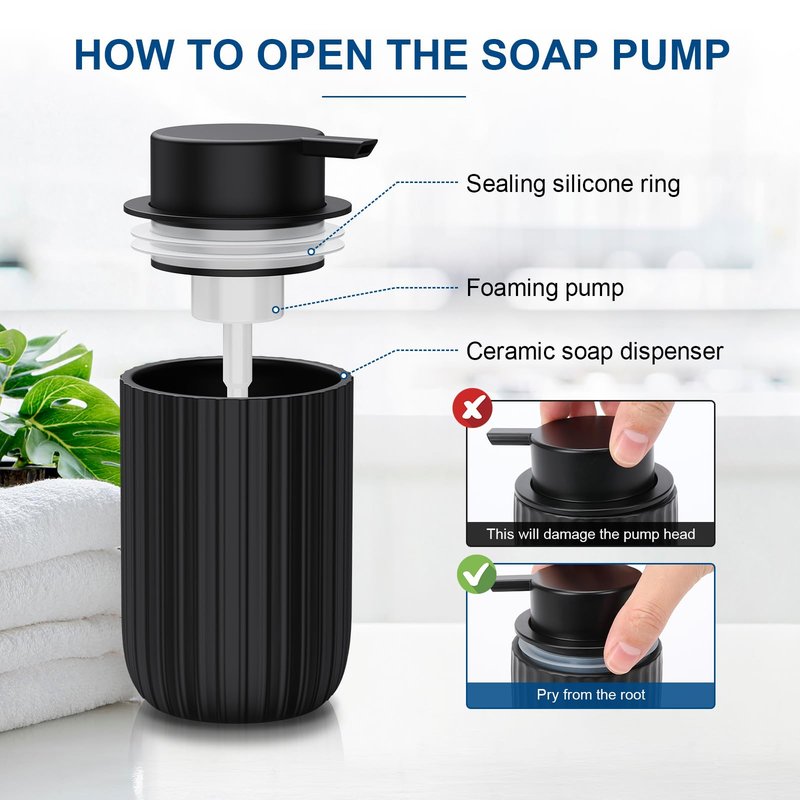 Ceramic Foaming Soap Dispenser, 12 oz Bathroom Foam Hand Soap Dispenser, Refillable Lotion Soap Dispenser with Removable Pump for Kitchen Hand Wash Dispenser, Modern Home Decor (Black)