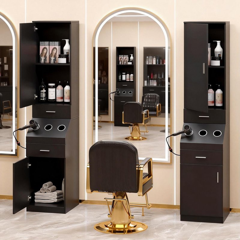 OmySalon Salon Station, Barber Stations with 2-Tier Storage Shelf with Door, Hair Styling Storage Cabinet with 2 Drawer, a Large Storage Cabinet & 3 Hot Tool Holders, Black