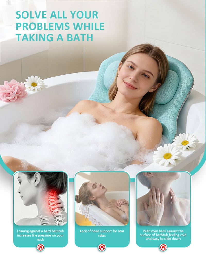 Full Body Bath Pillow for Bathtub, 5D Thick Tub Pillow for Bathtub with 192 Non-Slip Suction Cups, Laundry Bag & Hook, Bathtub Pillow for Head, Neck & Back Support (Green, 51"*15")