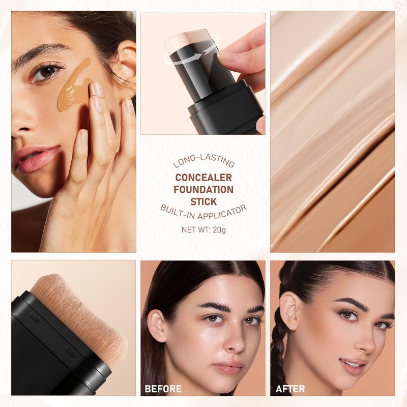 Long-Lasting Concealer Foundation Stick - Full Coverage 2-in-1 Contour & Brush | Natural Shade (02)