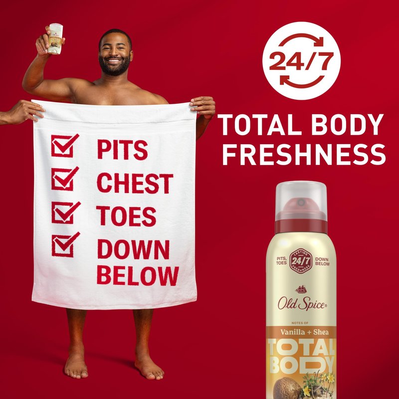 Old Spice Whole Body Deodorant Spray for Men, Aluminum Free, 24/7 Odor Protection, Dermatologist Tested, Gentle on Skin, Safe for Chest, Thighs, Feet, Whole Body Use, Vanilla + Shea Scent, 3.5 oz