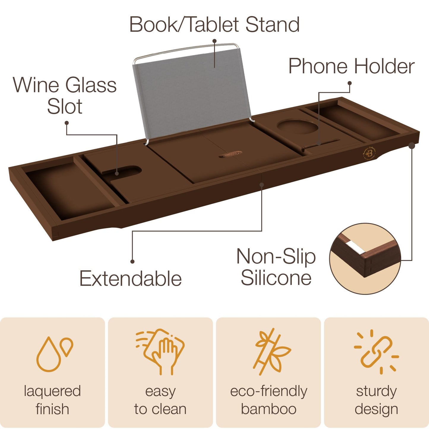 Bambüsi Bathtub Tray for Tub - Brown Bamboo Bath Tray, Expandable Wooden Bath Caddy Tray with Wine Holder, Book and Tablet Stand, Bathroom Accessories, Tub Table, Spa Bath Gifts for Women and Couples