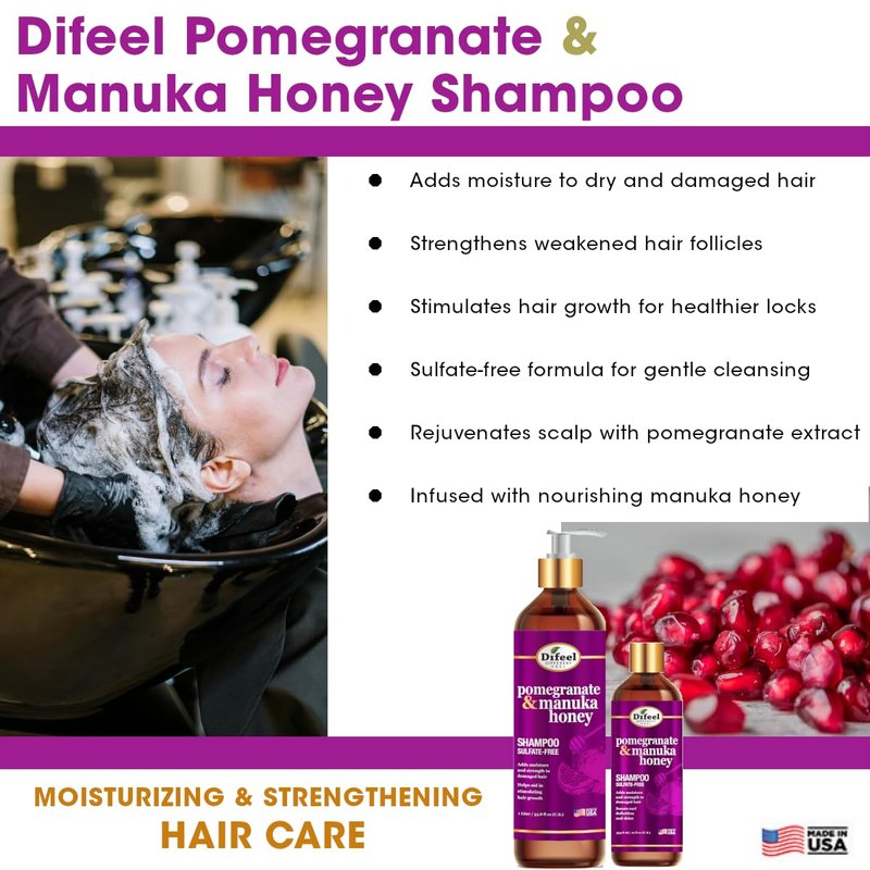 Difeel Pomegranate & Manuka Honey Shampoo - Sulfate-Free Formula for Strengthening & Moisturizing 33.8 oz