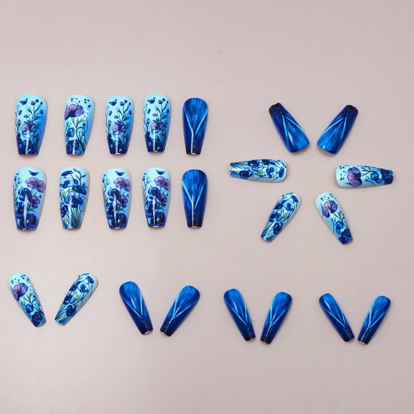 Skiennix Spring Press On Nails - Medium Coffin Shaped Floral Design | Reusable Blue Purple Flowers