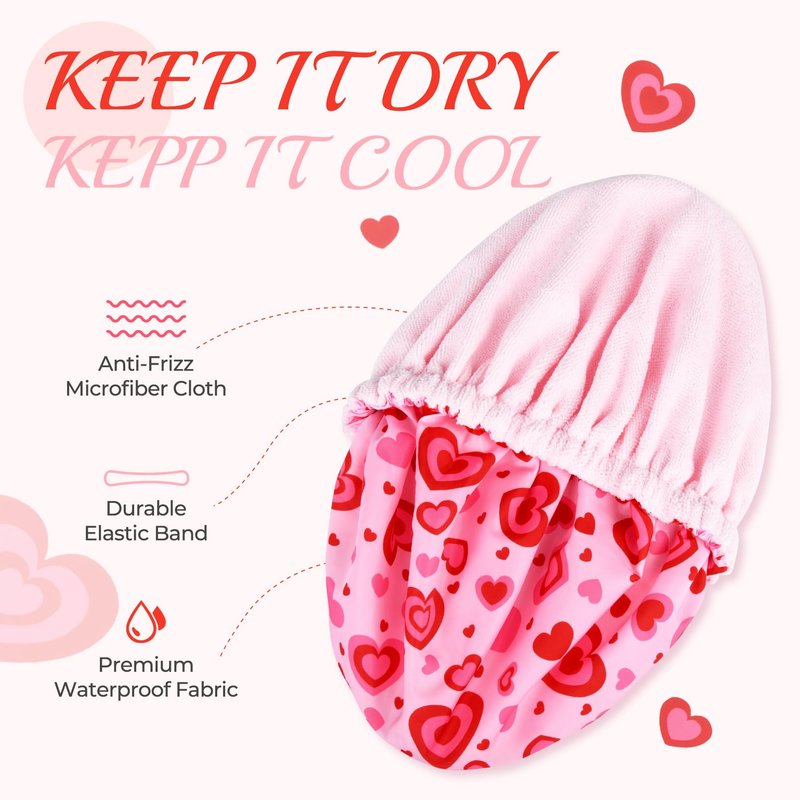 Shower Cap for Women Terry Lined Bath Cap Large Reusable Waterproof Elastic Band Pink Love Shower Caps for Long Thick Hair Soft Bath Shower Hair Caps