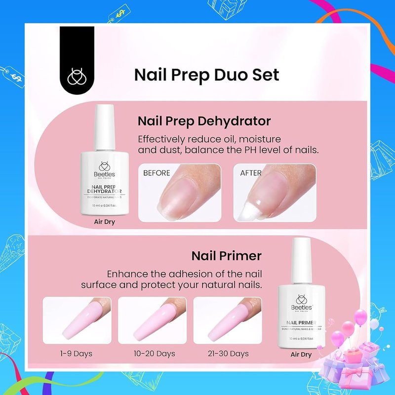 Beetles Gel Nail Kit Short Almond Gift Spree, with Dehydrator and Primer, 576Pcs Half Matte Etch-X Gel Nail Tips Solid Nail Glue Mini Lamp Acrylic Tips Easy DIY Extension Set Gift for Women