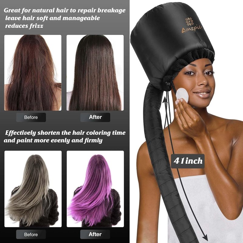 Bonnet Hood Hair Dryer Attachment - Integrated Headband for Faster Drying | Adjustable Black Design