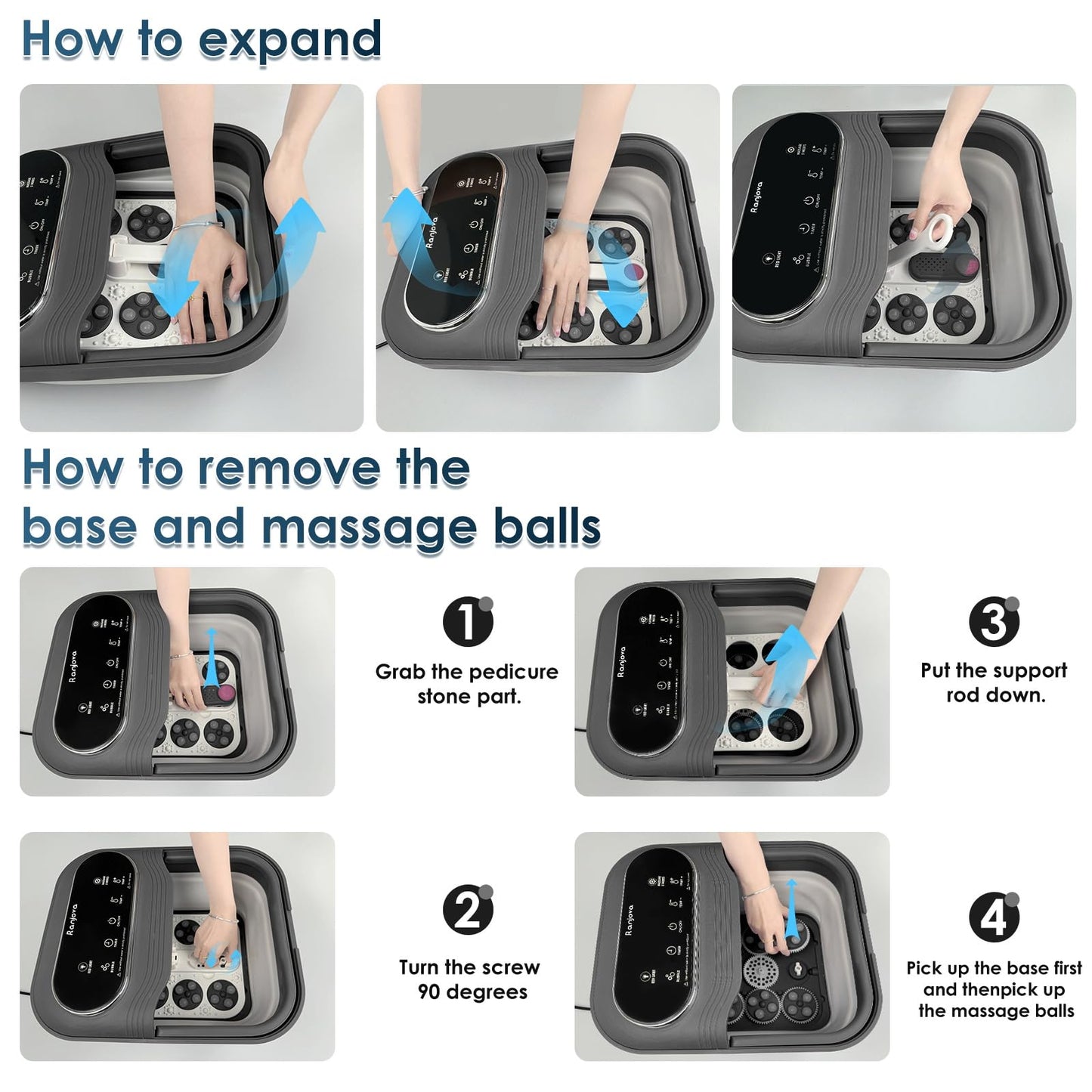 Ranjova Collapsible Foot Spa Electric Rotary Massage, Foot Bath with Heat, Bubble,Temp Control, and 24 Motorized Shiatsu Massage Balls, Pedicure Foot Spa Tub for Stress Relief (Black)
