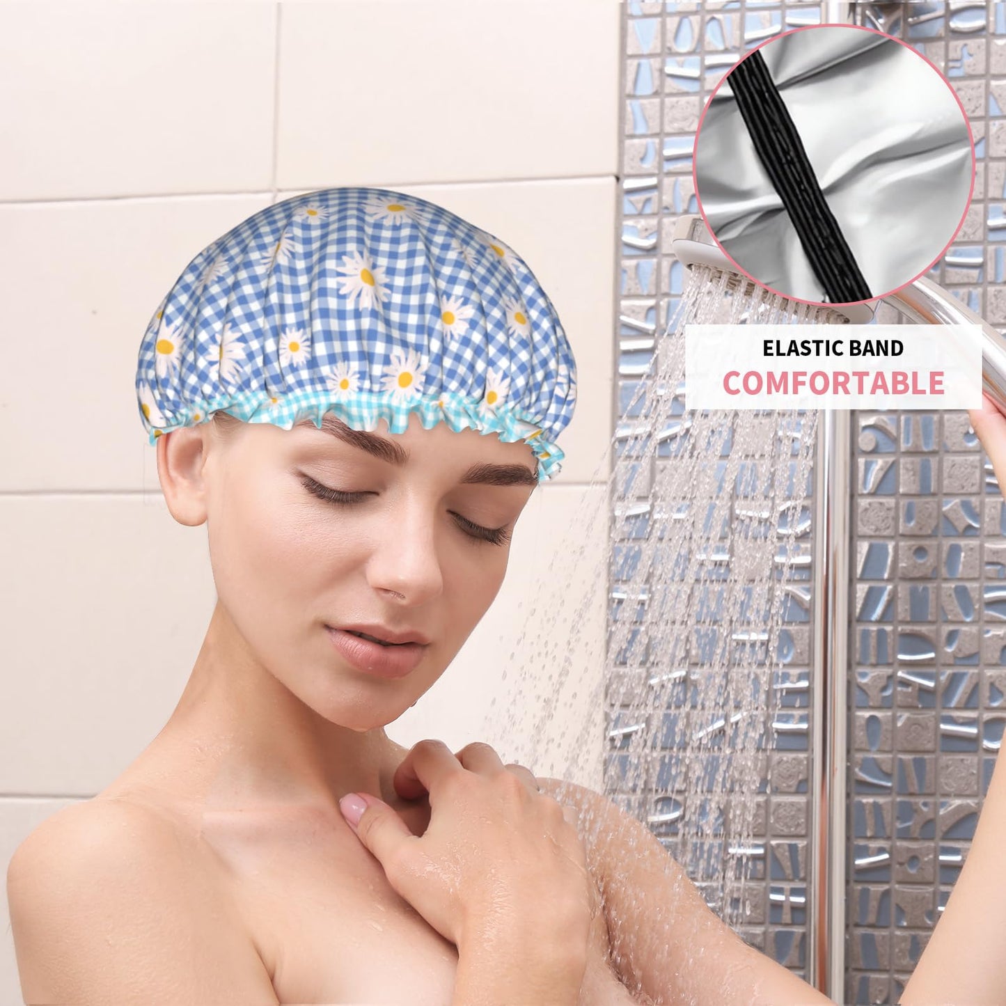 Kwlegh Blue Checkered Shower Caps for Women Daisy Flower Double Waterproof Layers Bath Hat Elastic Reusable Hair Cap for Shower Cooking Clean Makeup