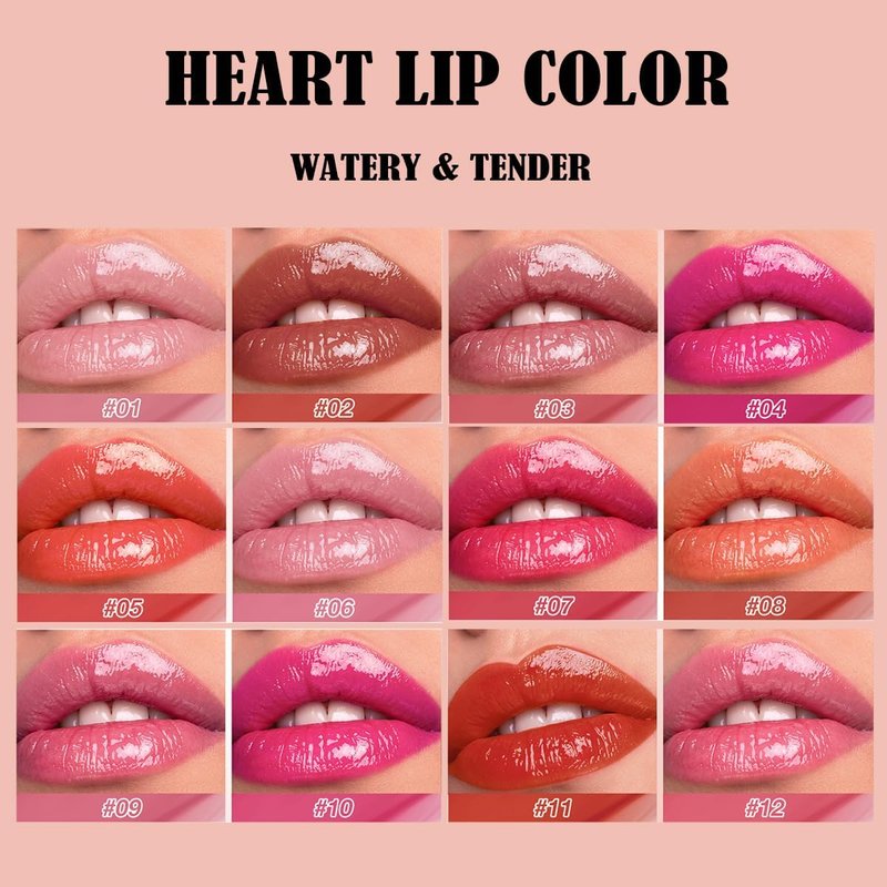 Dulele 12Pcs Watery Liquid Lipstick Set, Moisturizing & Highly Pigmented Colored Lip Gloss, Longwear Not Fade Rose Lip Tint Stain with Gift Box