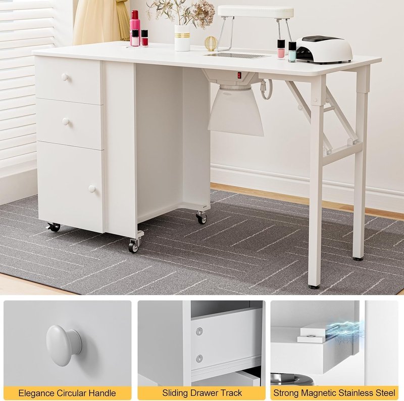 Belandi Foldable Manicure Table Nail Table,Folding Nail Desk Station for Nail Tech w/Electric Downdraft Vent,Lockable Wheels,Foldable Nail Arm Rest,Storage Drawers,Wooden Handles(White)