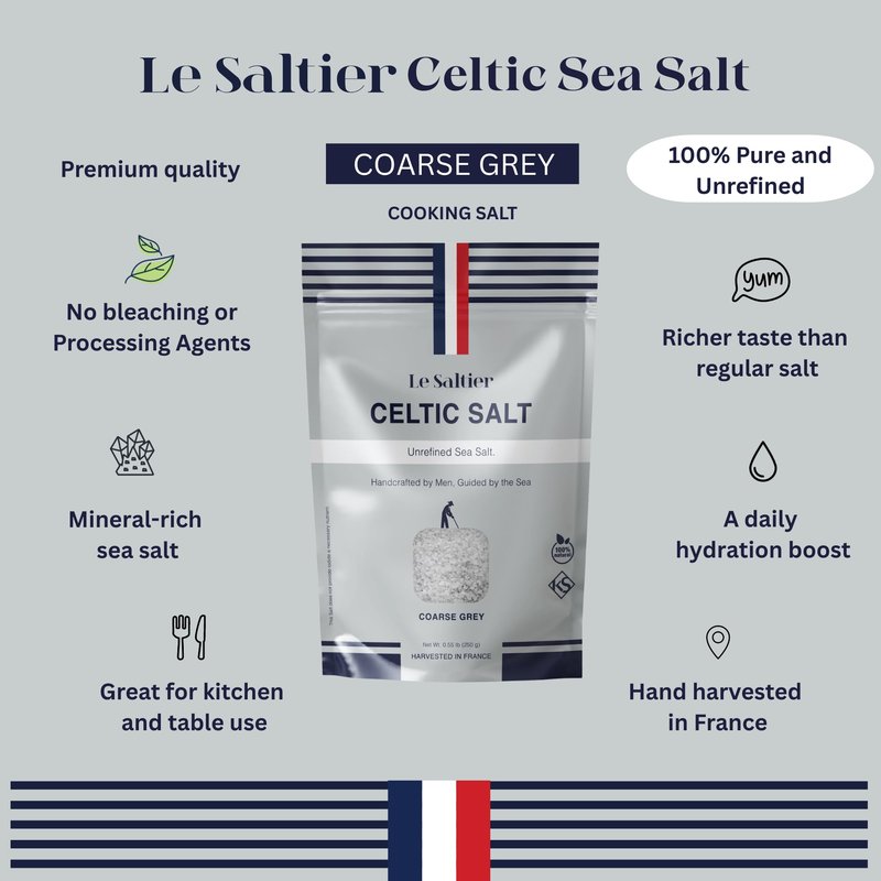 LE SALTIER Organic Coarse Grey Celtic Sea Salt, Mineral-Rich Unrefined French Sea Salt, Traditionally Hand Harvested in Brittany, Kosher, (500g/1.1lb)