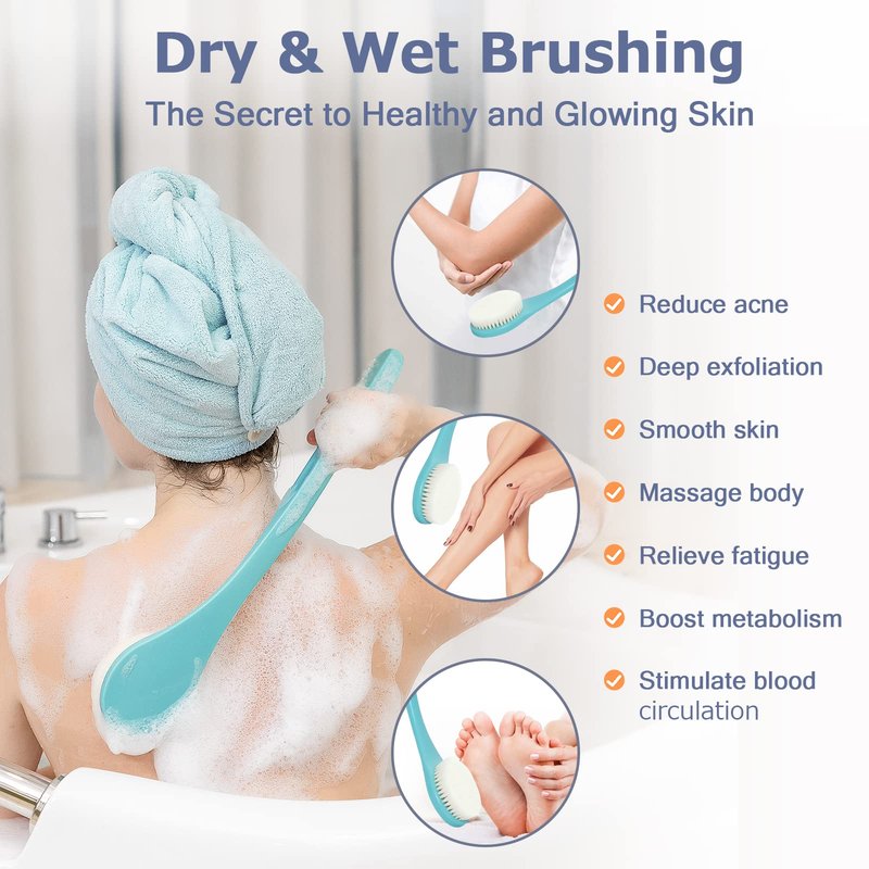 Body Back Scrubber – 17'' Long Handle Shower Brush, Durable Exfoliator for Dry & Wet Use, Deep Cleansing & Gentle Exfoliation for Smooth Skin – for Men, Women & Elderly (Gray)