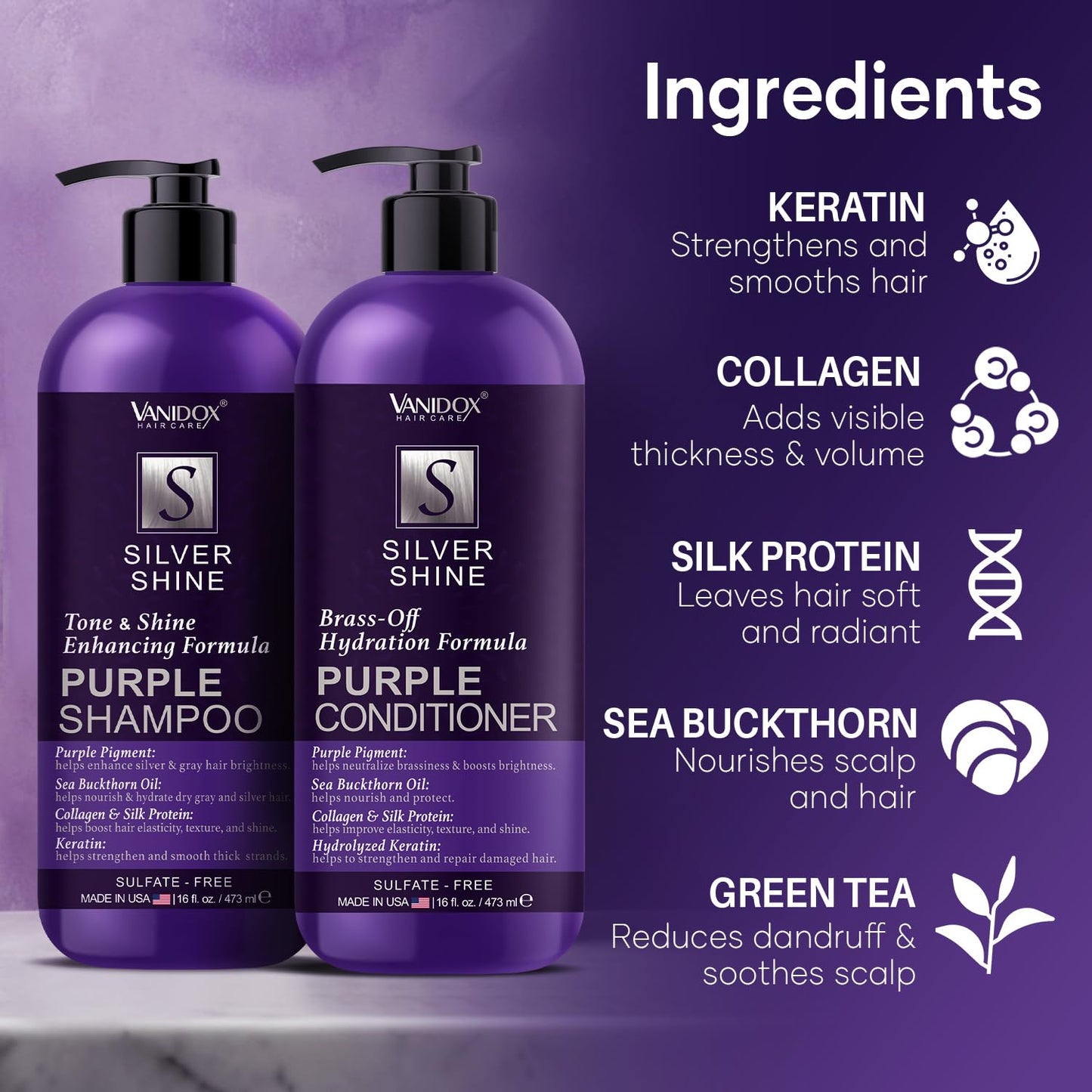 VANIDOX Purple Shampoo & Conditioner Set - Sulfate Free, Moisturizing for Grey & Silver Hair | 16 fl oz Each
