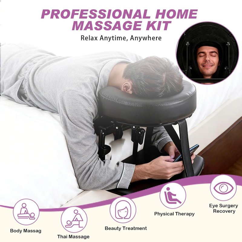 Adjustable Massage Headrest Pillow for Bed - Portable Face Down Support for Home Spa | Fits 6"-17" Mattresses, Black