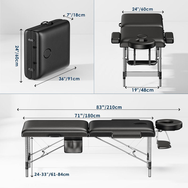 Brelley Massage Table Portable, 2-Fold Lash Bed with Side Pocket, Adjustable Height, Sturdy Aluminum Frame, Esthetician Spa Facial Tattoo Bed with Face Cradle & Carrying Bag, Black