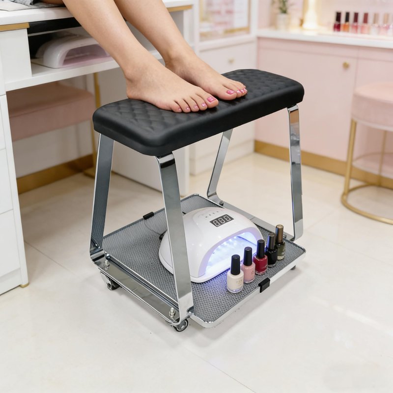 Erxewim Professional Pedicure Stool with Soft Memory Foam Cushion, Rolling Foot Rest Cart, Stainless Steel Legs, Ideal for Salon & Home Spa Use (Black)