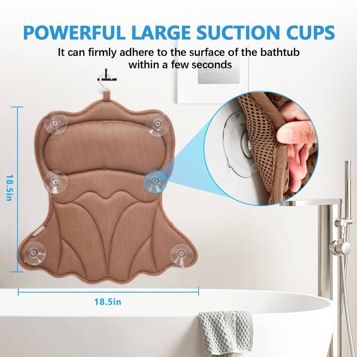 REEZEIVI Bath Pillows for Tub,Bath Pillow with 6 Non-Slip Suction Cups,Soft 4D Mesh Fabric,Bathtub Pillows for Tub Neck and Back Support,Extra Thick Luxury Bathtub Pillows,Brown
