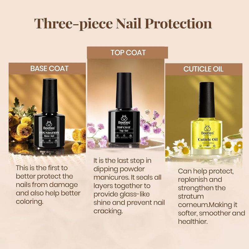 Beetles Gel Base and Top Coat Set - No Wipe Glossy Shine & Cuticle Oil for Stronger Nails | 3 Pieces
