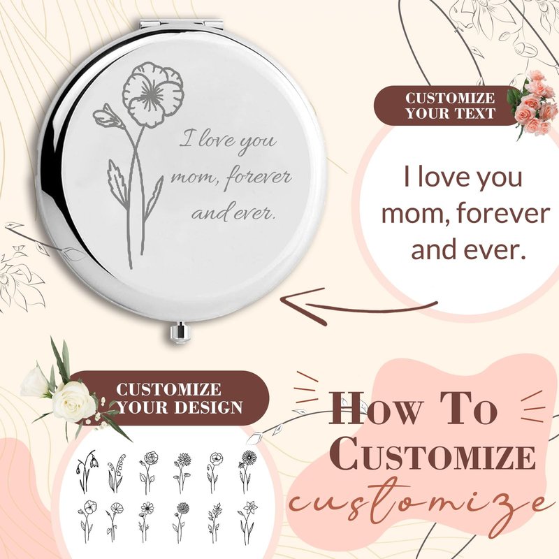 RSQGT Personalized Compact Mirror Custom Engraved with Birth Flowers and Text, Dual-Sided Small Mirror for Travel, Purse Bridesmaid Wedding Birthday Gift for Mom Friend Sister (Rose)