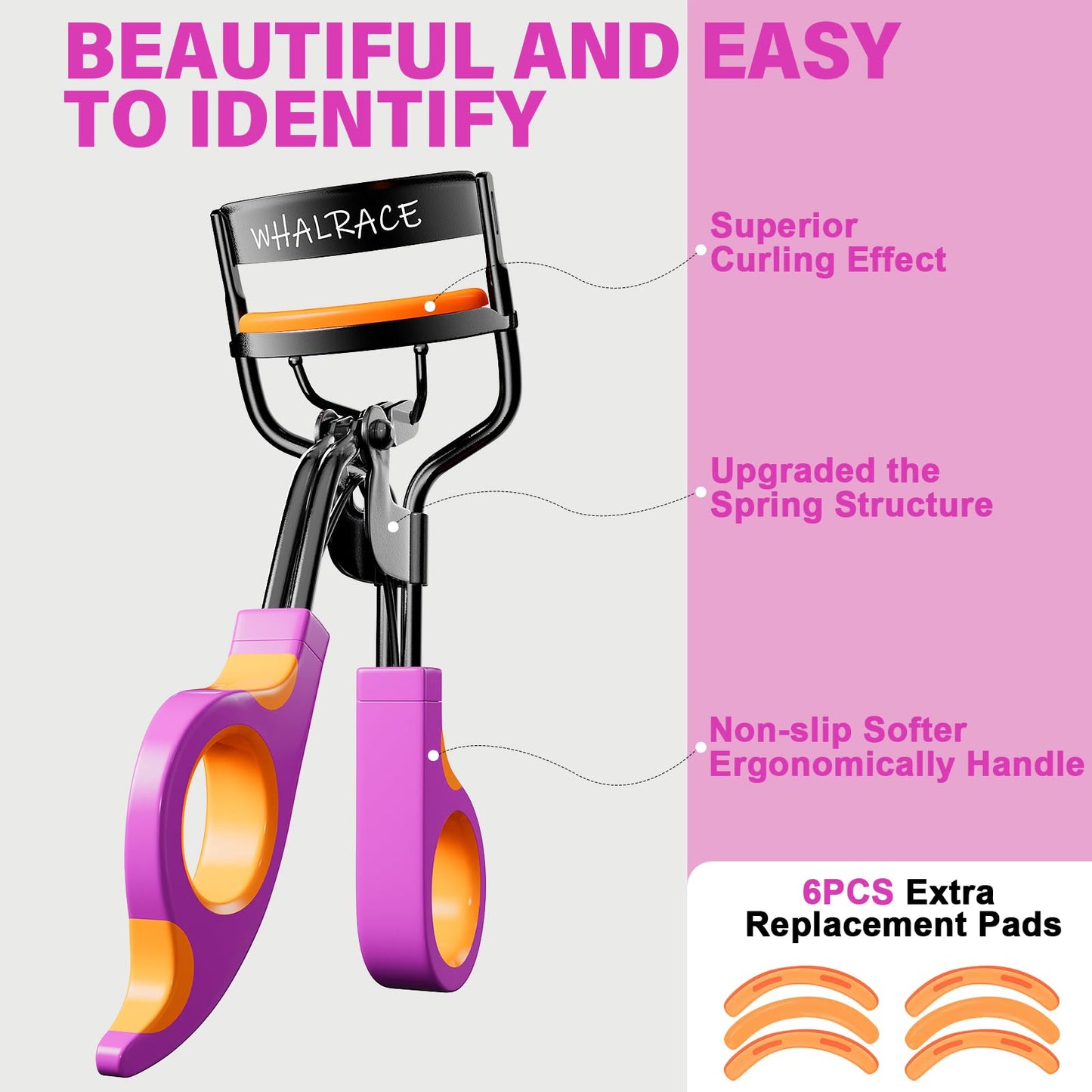 Whalrace Eyelash Curlers with 6PCS Extra Replacement Pads, Premium Quality Eye Lash Curler, Superior Curling Effect, Easy to Hold and Use, Valentine's Day Gift for Her - Orange Purple Handle