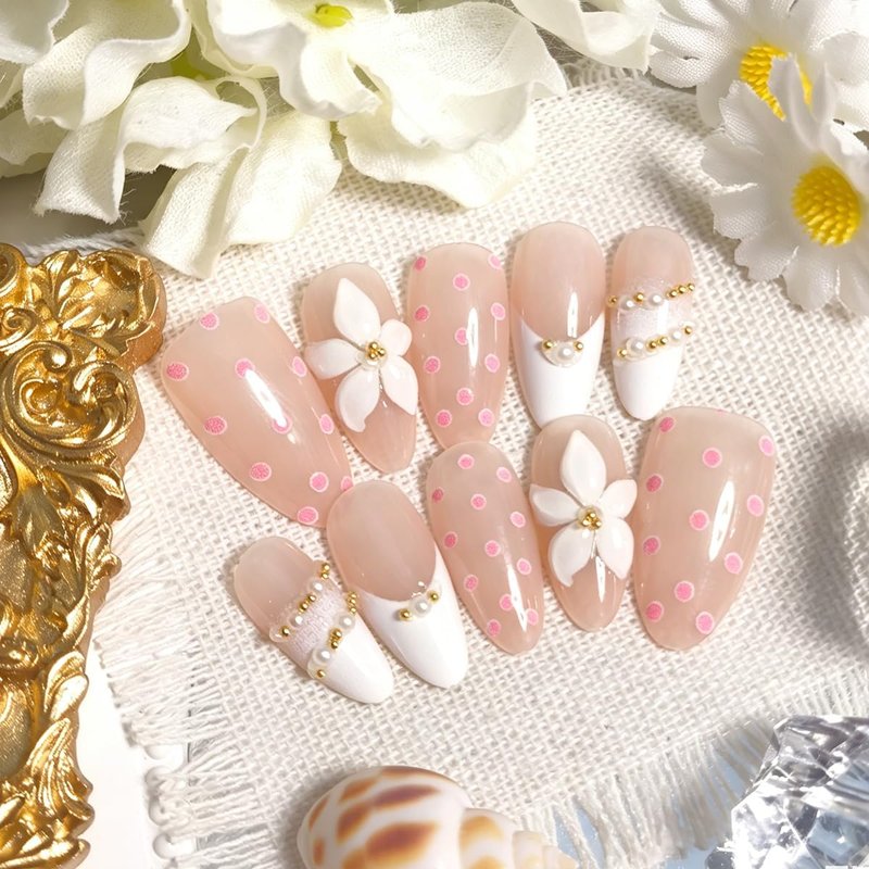 French Tip Press-On Nails - 30 Pcs Long Almond Design with 3D Flowers & Pearls | Glossy Stiletto for Spring Summer Manicure