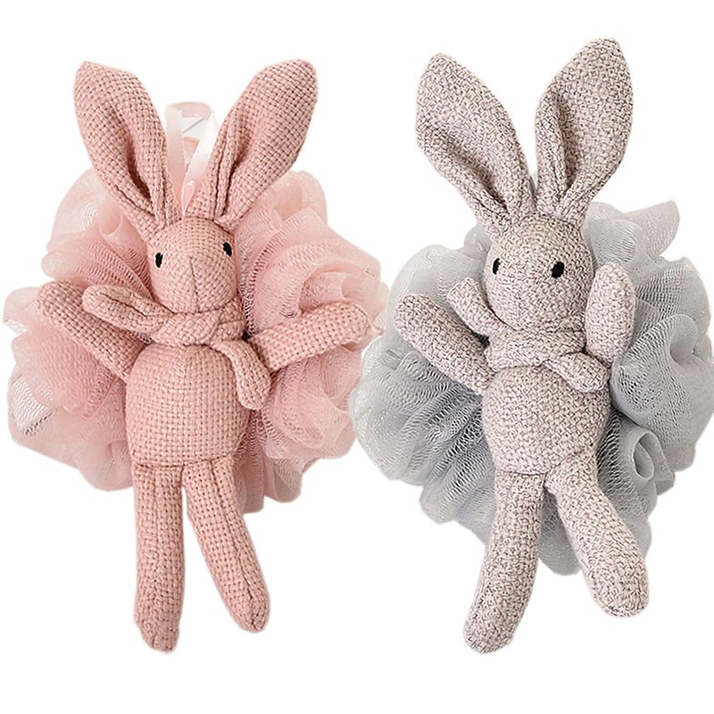 Kids Bath Sponge for Teen Girl and Women, Soft Net Loofah with Animal Bunny with Stuff Exfoliating Body Scrub Bath Luffa for Shower - Pink & Grey (2 of Pack)