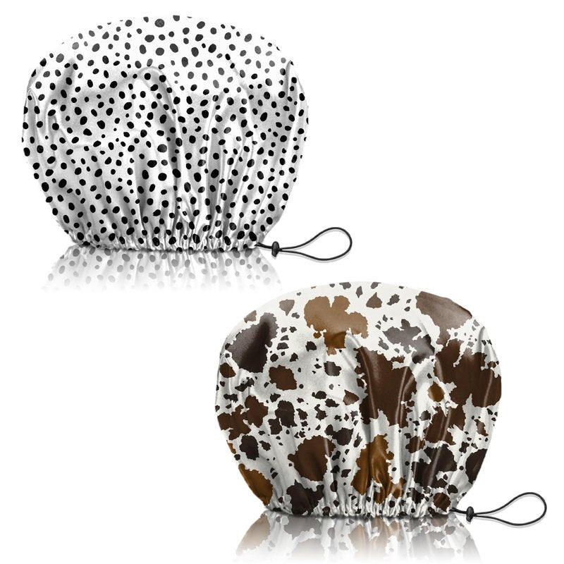 Deokke 2 PCS Shower Cap Reusable Waterproof Adjustable Double Layer Elastic Dry Hair Bathing Caps Aesthetic Cute for Women Girls-Spot Cowhide