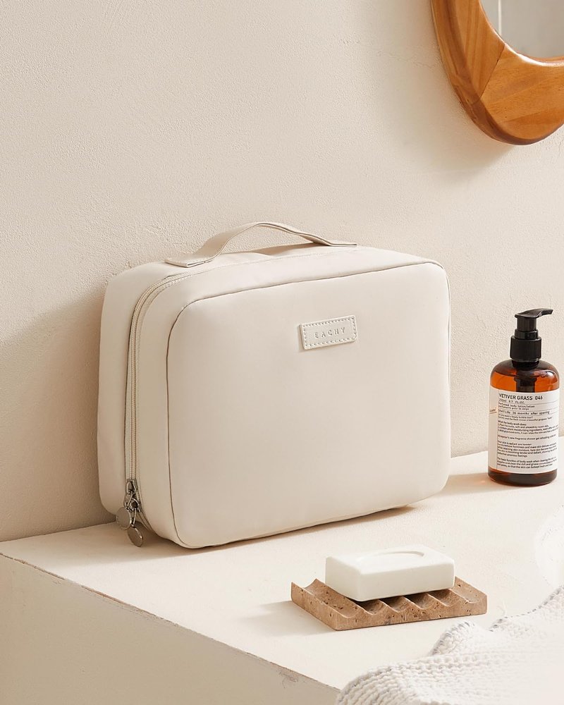 EACHY Toiletry Bag - Waterproof Makeup Organizer with Hanging Hook | Full-Size PU Leather in Beige
