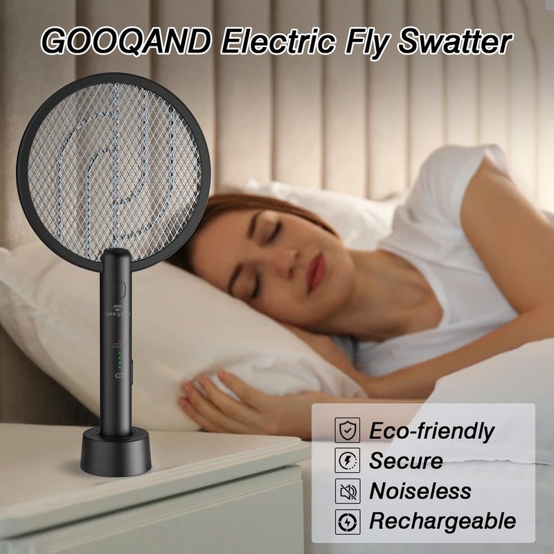 Gooqand Bug Zapper Racket, 2 Mode Fly Swatter USB Rechargeable, 4000V Electric Fly Zapper with 3 Layer Safety Mesh，Electric Racket for Kitchen, Home, Garden and Outdoors