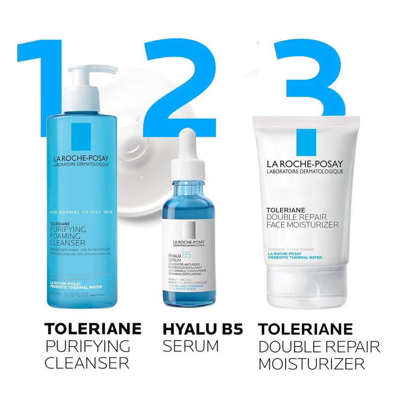 La Roche-Posay Toleriane Purifying Cleanser & Moisturizer Set | Hydrating Hyalu B5 Serum, 3-Piece Skincare Collection