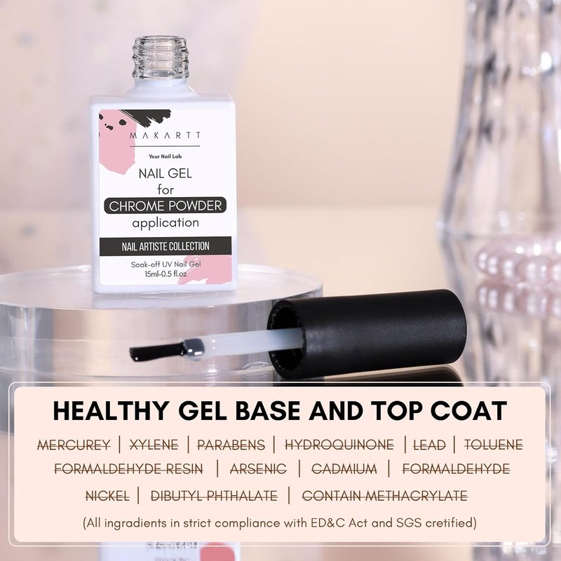 Gel Top Coat for Chrome Nail Powder - 15ml Clear No Wipe High Gloss Finish | Long Lasting & Easy Application