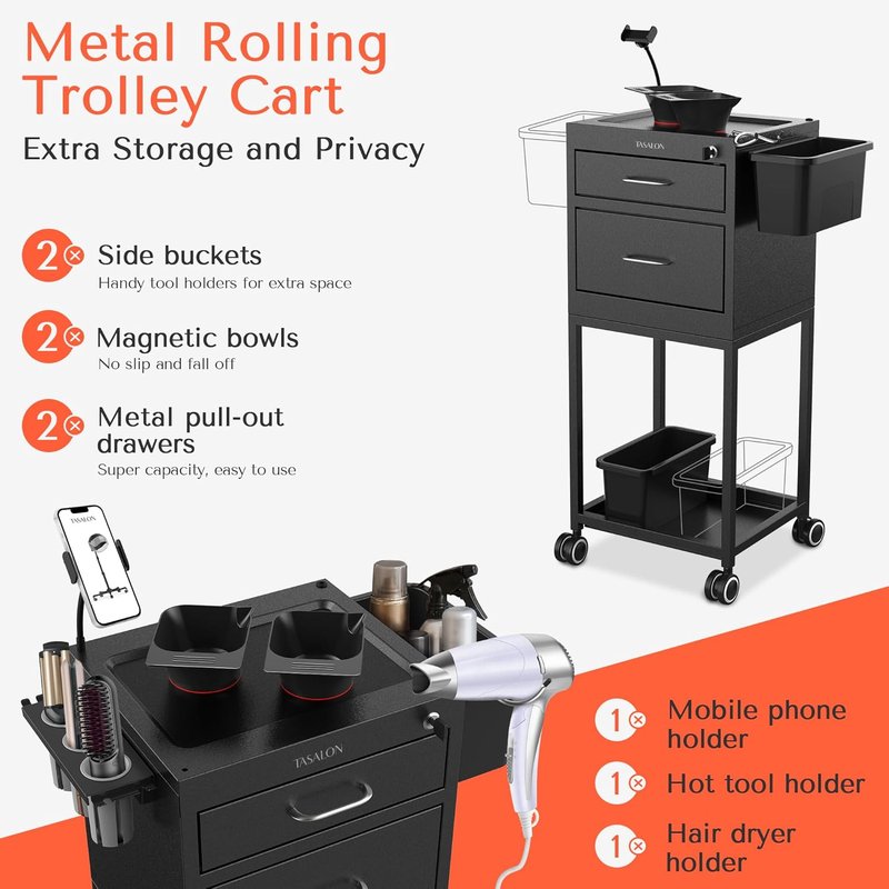 Metal Lockable Salon Cart with Wheels - Rolling Barber Trolley with Drawers & Magnetic Bowls | Mobile Storage for Hair Stylists & Salons