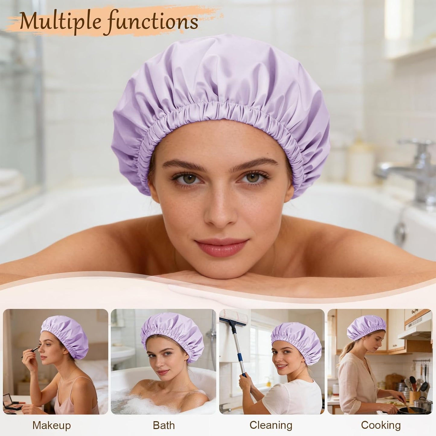 Skiennix Shower Cap - Reusable Waterproof Satin Lined Design | Large Purple Bath Cap with Soft Elastic Band